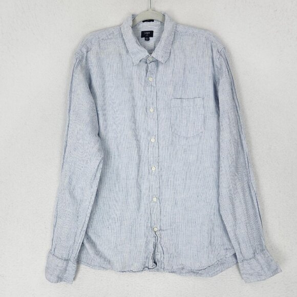 J Crew Shirt Men Extra Large Blue White Stripe Linen Slim Fit Casual Long Sleeve - Picture 1 of 12